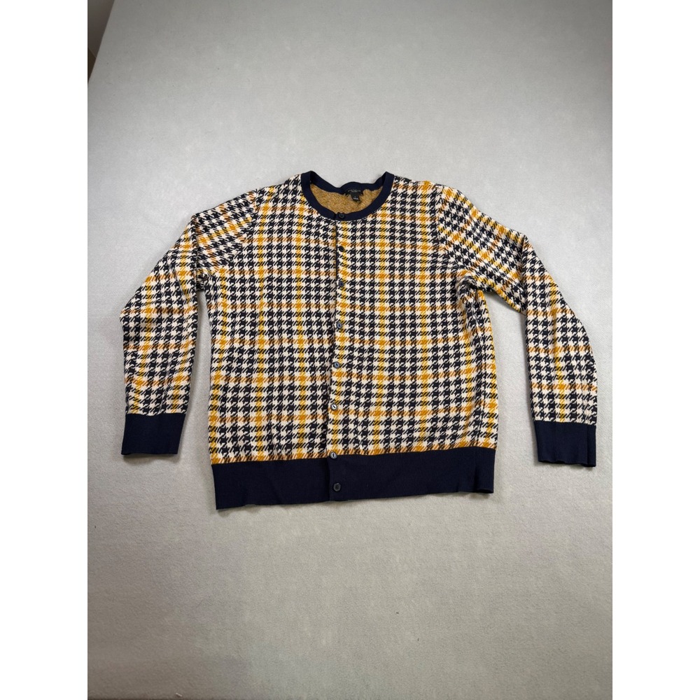 Ann Taylor Houndstooth Cardigan Sweater Navy Blue Yellow White Crew Neck Small